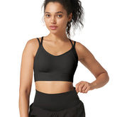 High-support strappy sports bra with beautiful back design. Shockproof, moisture-wicking, perfect for running, fitness, yoga. Available in multiple colors.
