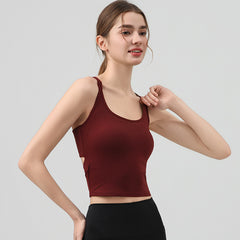 Shop Kincey's open-back sports bra top with built-in chest pad. Stylish padded yoga top for gym, beach & summer wear. Available in 4 colors, sizes S-XL.