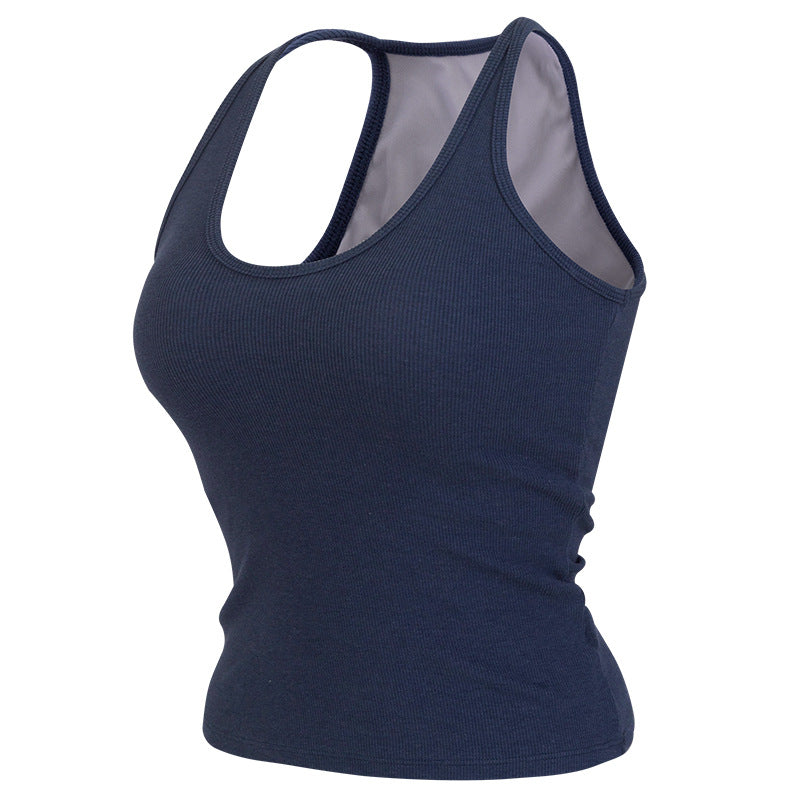 Sleeveless yoga tank with built-in bra pads for hassle-free workouts. Moisture-wicking, breathable fabric keeps you cool. Great for yoga, running, Pilates & gym sessions. Add to cart now!