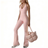 Premium halter yoga jumpsuit with elegant lace-trim detailing. High-stretch, moisture-wicking nylon fabric with flare leg design. Perfect for yoga, Pilates, dance & activewear. Shop Kincey now!