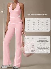 Premium halter yoga jumpsuit with elegant lace-trim detailing. High-stretch, moisture-wicking nylon fabric with flare leg design. Perfect for yoga, Pilates, dance & activewear. Shop Kincey now!