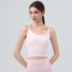 Shop Kincey's open-back sports bra top with built-in chest pad. Stylish padded yoga top for gym, beach & summer wear. Available in 4 colors, sizes S-XL.