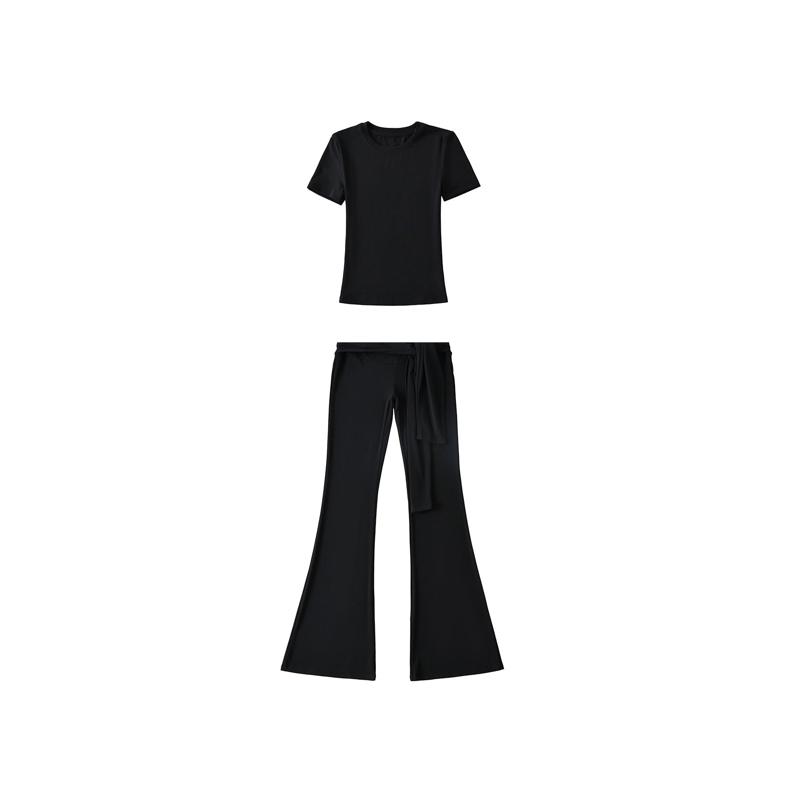 Stylish summer sports leisure suit featuring a sexy small round neck short-sleeved t-shirt and high-waist strap casual elastic boot-cut pants. Premium breathable fabric perfect for casual wear, sports & everyday activities. Shop Kincey now!