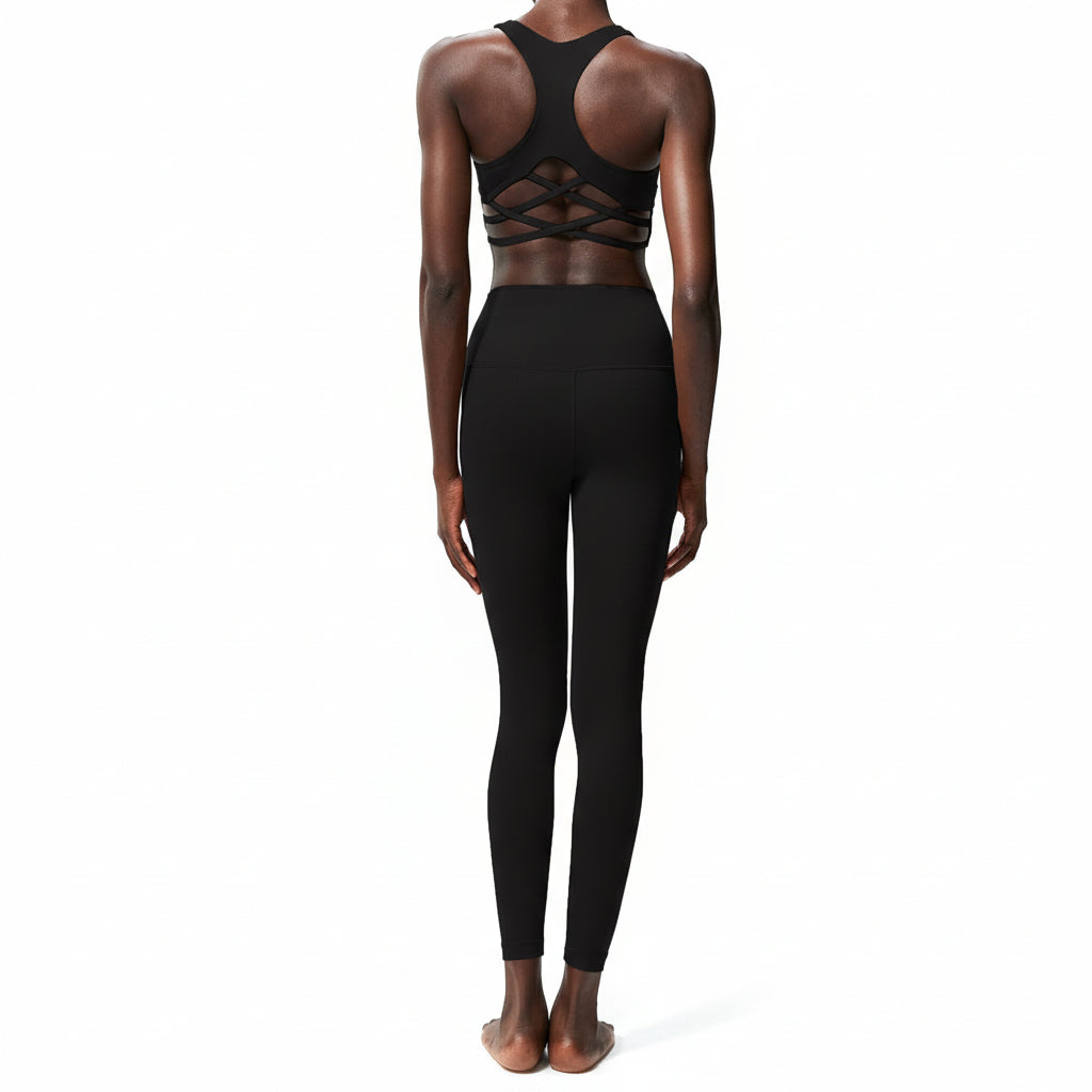 Premium Lycra fitness yoga set with quick-dry technology. Two-piece nude activewear perfect for yoga, running, and fitness training. Superior stretch and support.