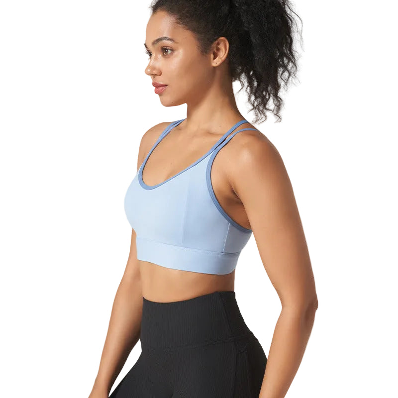 High-support strappy sports bra with beautiful back design. Shockproof, moisture-wicking, perfect for running, fitness, yoga. Available in multiple colors.