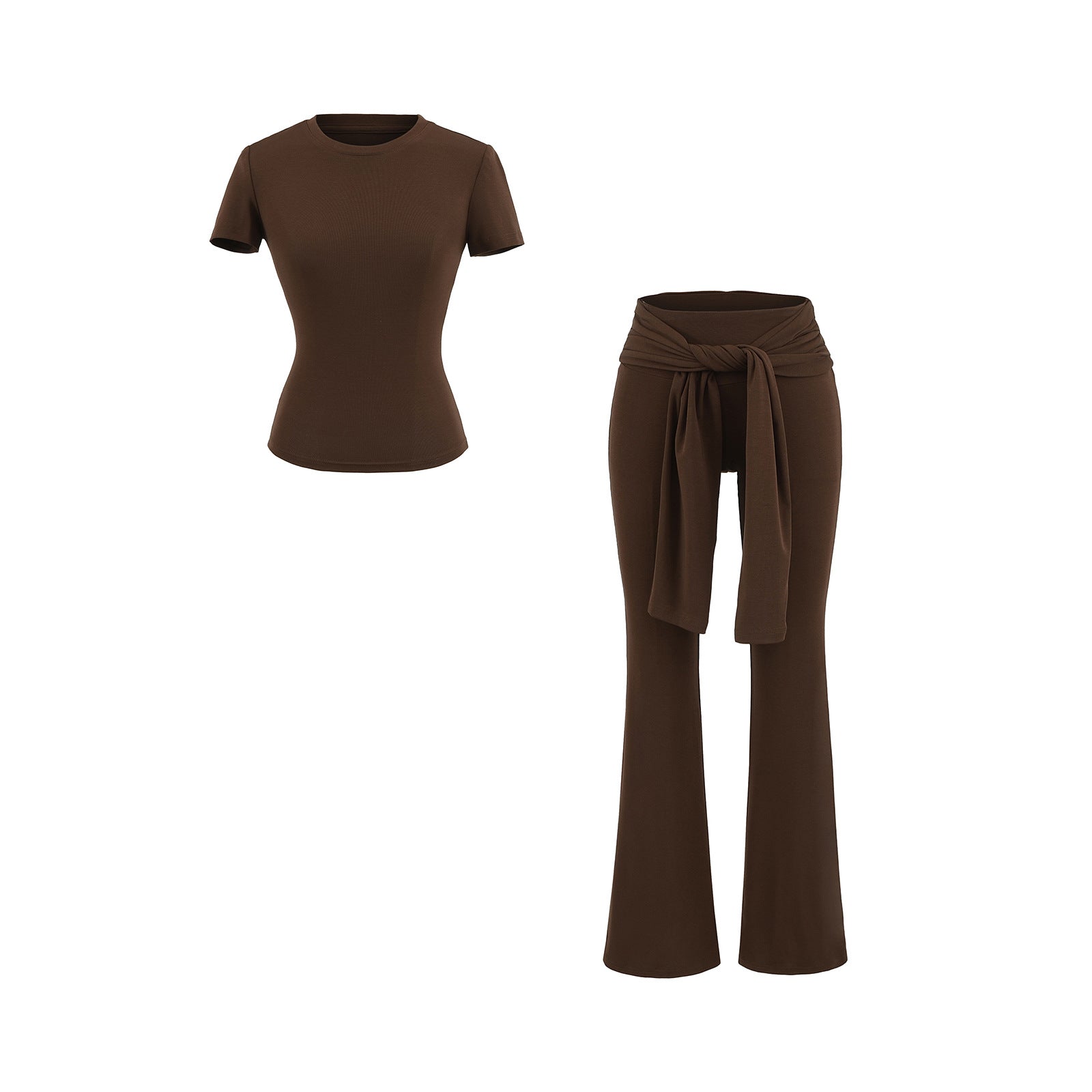 Stylish summer sports leisure suit featuring a sexy small round neck short-sleeved t-shirt and high-waist strap casual elastic boot-cut pants. Premium breathable fabric perfect for casual wear, sports & everyday activities. Shop Kincey now!