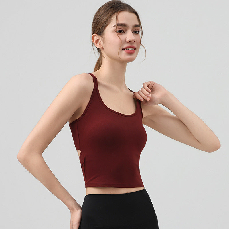 Shop Kincey's open-back sports bra top with built-in chest pad. Stylish padded yoga top for gym, beach & summer wear. Available in 4 colors, sizes S-XL.