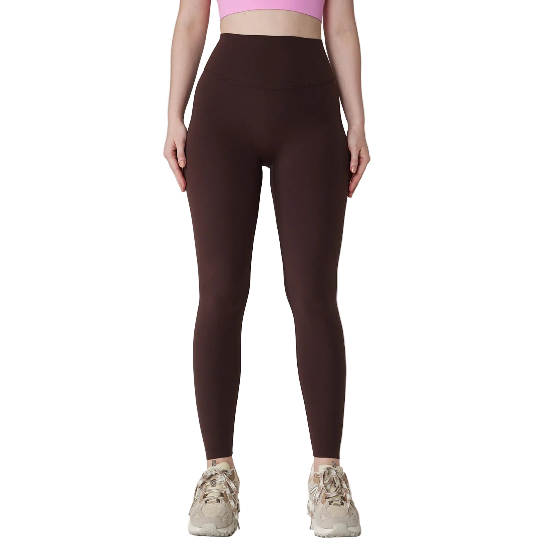 Premium nude Lycra high waist yoga pants with peach hip lifting design. Slimming compression, superior stretch, perfect for yoga and fitness training.