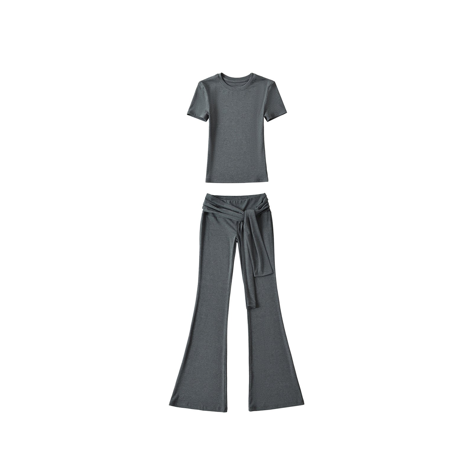Stylish summer sports leisure suit featuring a sexy small round neck short-sleeved t-shirt and high-waist strap casual elastic boot-cut pants. Premium breathable fabric perfect for casual wear, sports & everyday activities. Shop Kincey now!
