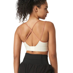 High-support strappy sports bra with beautiful back design. Shockproof, moisture-wicking, perfect for running, fitness, yoga. Available in multiple colors.