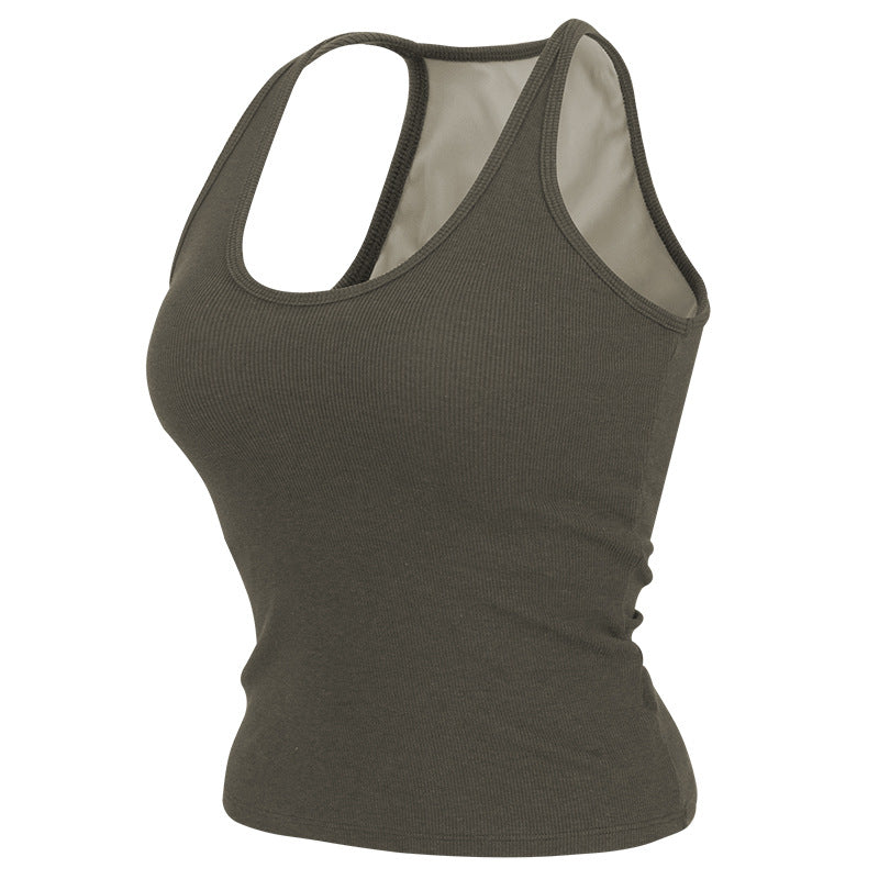 Sleeveless yoga tank with built-in bra pads for hassle-free workouts. Moisture-wicking, breathable fabric keeps you cool. Great for yoga, running, Pilates & gym sessions. Add to cart now!