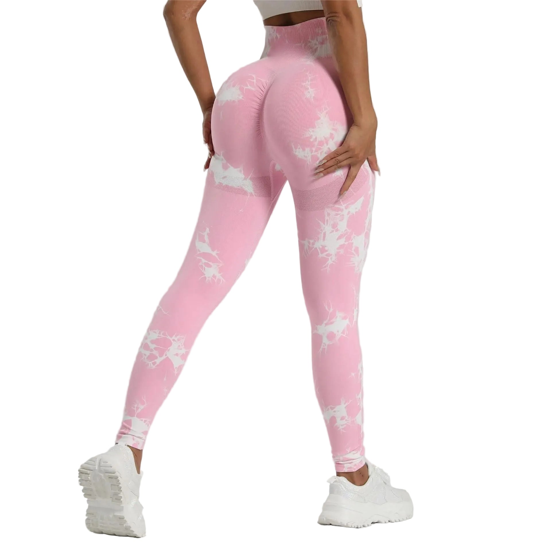Vibrant seamless tie-dye yoga pants with high waist and peach hip lifting design. High-elastic compression leggings perfect for yoga and fitness.