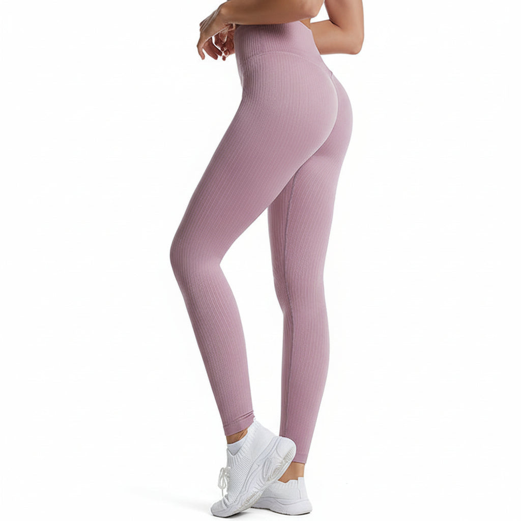 Premium threaded high waist fitness pants with hip lifting design. Quick-dry knit fabric, tight-fitting compression. Perfect for yoga and gym workouts.