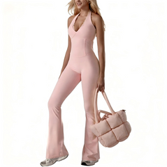 Premium halter yoga jumpsuit with elegant lace-trim detailing. High-stretch, moisture-wicking nylon fabric with flare leg design. Perfect for yoga, Pilates, dance & activewear. Shop Kincey now!
