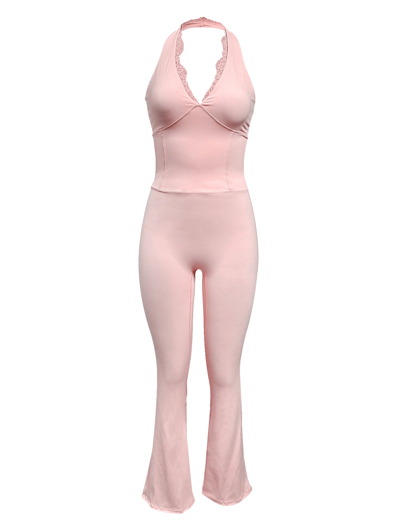 Premium halter yoga jumpsuit with elegant lace-trim detailing. High-stretch, moisture-wicking nylon fabric with flare leg design. Perfect for yoga, Pilates, dance & activewear. Shop Kincey now!