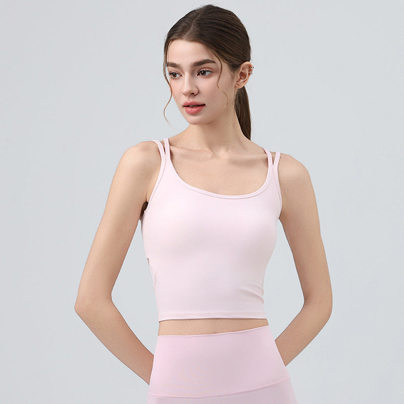 Shop Kincey's open-back sports bra top with built-in chest pad. Stylish padded yoga top for gym, beach & summer wear. Available in 4 colors, sizes S-XL.