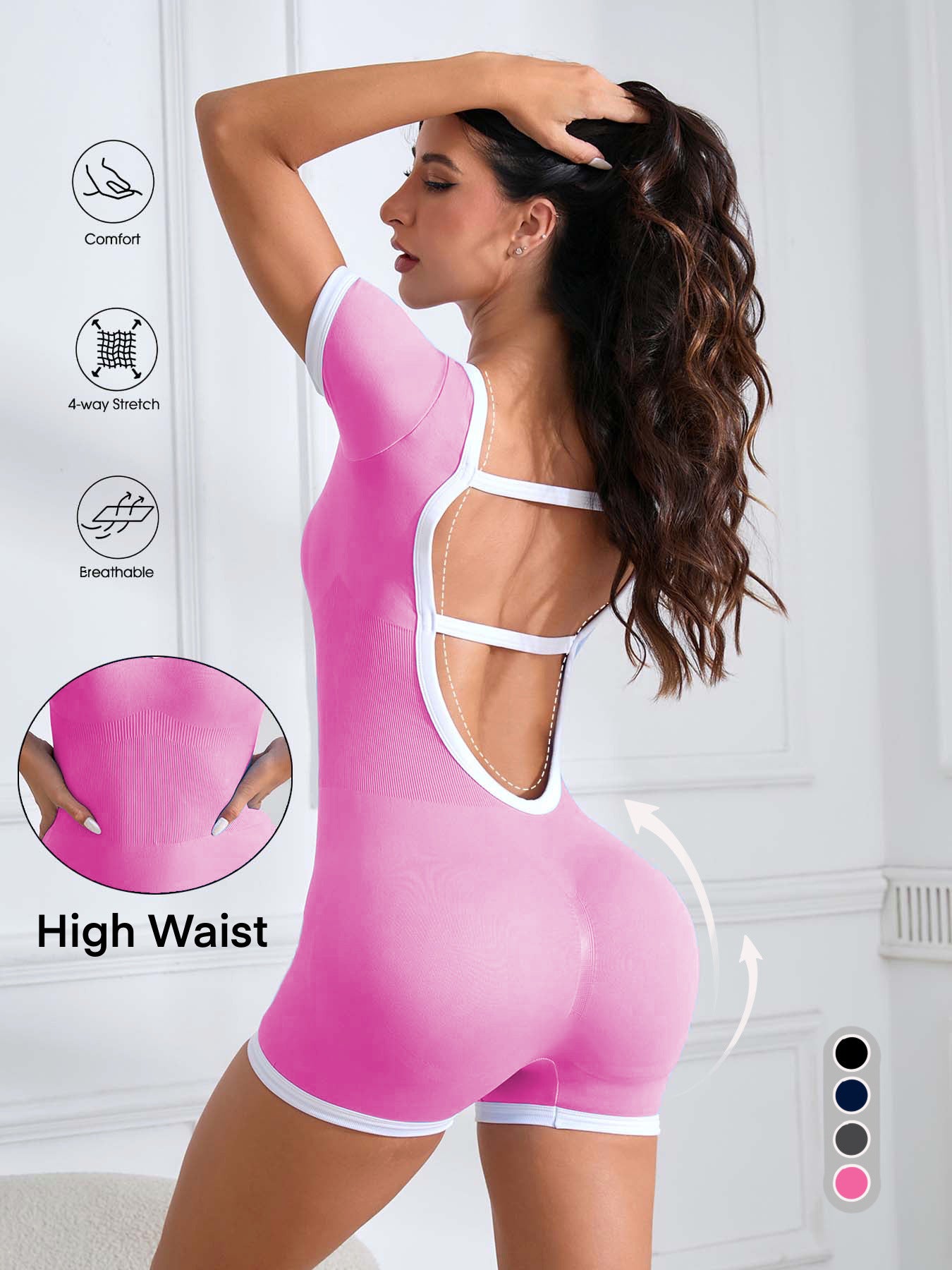 Shop Kincey's seamless backless yoga bodysuit for women. Sculpting one-piece Pilates & fitness wear with open-back design. 5 colors, sizes S-L.