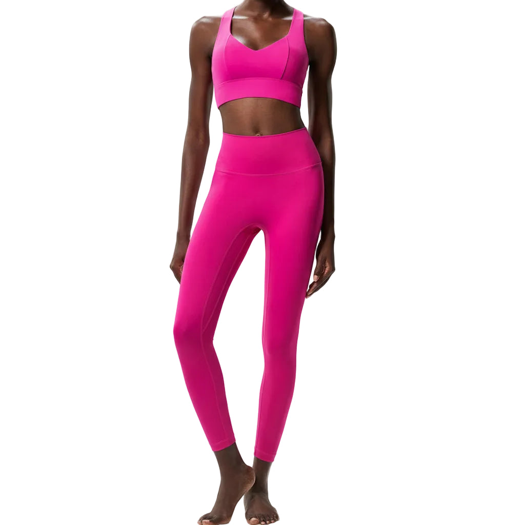 Premium Lycra fitness yoga set with quick-dry technology. Two-piece nude activewear perfect for yoga, running, and fitness training. Superior stretch and support.