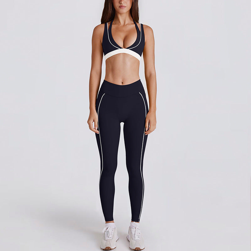 Kincey women's yoga activewear set: V-neck halter sports bra with matching shorts or leggings. Contrast stripe design, sizes S–XL. Shop yoga, gym & athleisure.