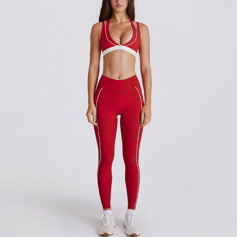 Kincey women's yoga activewear set: V-neck halter sports bra with matching shorts or leggings. Contrast stripe design, sizes S–XL. Shop yoga, gym & athleisure.