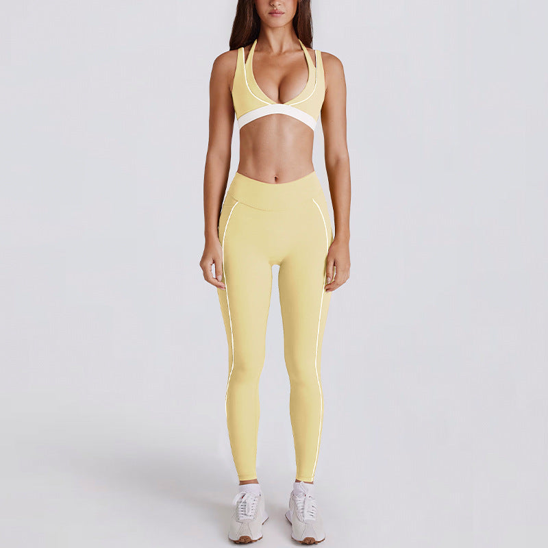Kincey women's yoga activewear set: V-neck halter sports bra with matching shorts or leggings. Contrast stripe design, sizes S–XL. Shop yoga, gym & athleisure.