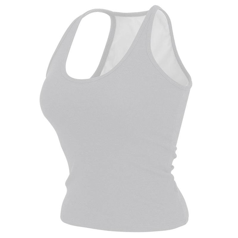 Sleeveless yoga tank with built-in bra pads for hassle-free workouts. Moisture-wicking, breathable fabric keeps you cool. Great for yoga, running, Pilates & gym sessions. Add to cart now!