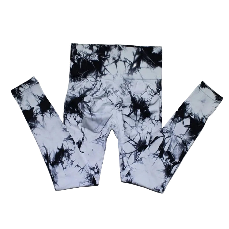 Vibrant seamless tie-dye yoga pants with high waist and peach hip lifting design. High-elastic compression leggings perfect for yoga and fitness.